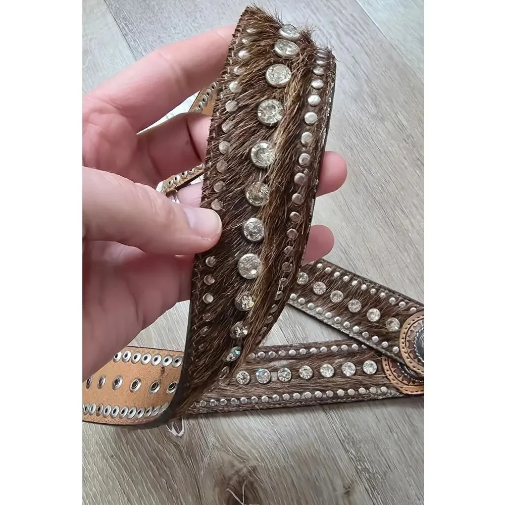 Nocona Calf Hair Leather Rhinestone Glam Belt Silver Tone Hardware sz 44 Western